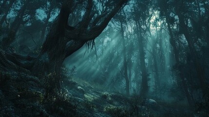 Obraz premium A moody forest background with sunlight peeking through dense fog and tall trees. --chaos 20 --ar 16:9 --quality 2 --v 6.1 Job ID: e7154685-719c-48f1-b79f-522874dbae37