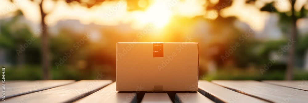 Poster Golden Hour Parcel Display Cardboard Box on Rustic Wood with Sunlit Backdrop - Logistics Hub Content and Automated Sorting for Modern E-commerce Solutions