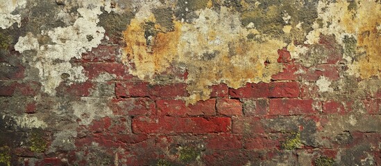 Fototapeta premium Aged brick wall with peeling paint and moss creating a textured grunge background for vintage or rustic themed designs.