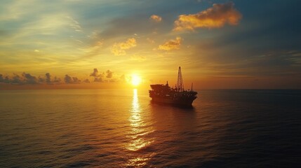 Fototapeta premium Offshore drilling platform silhouette against vibrant sunset sky reflecting on calm sea surface