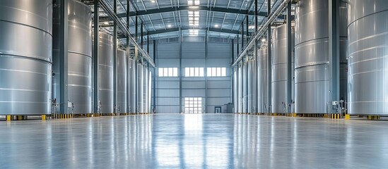 Oil Processing and Storage Facility Interior with Tanks and Spacious Floor Ready for Text or Graphics