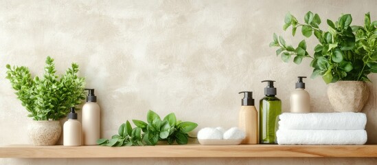 Natural skincare arrangement on wooden shelf featuring calming bottles, green plants, and soft towels in a serene spa-like ambiance