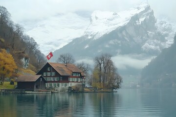 Fototapeta premium Swiss lake house, autumn mist, mountains