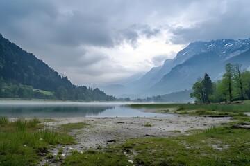Misty alpine lake sunrise, mountain valley, calm water, travel poster