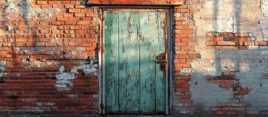 Naklejka premium Rustic Abandoned Warehouse Door with Faded Green Paint Surrounded by Textured Red Brick Wall and Natural Shadows