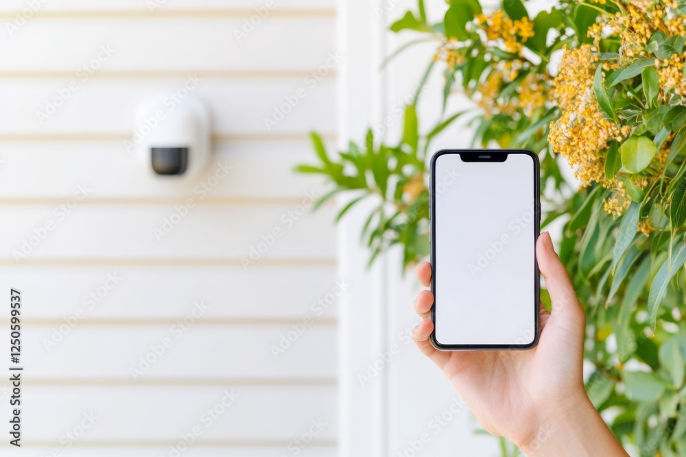 Poster Serene Tech Integration Suburban Doorway with Smart Security Camera and Handheld Device in Daylight - Home Automation and Consumer Tech Content
