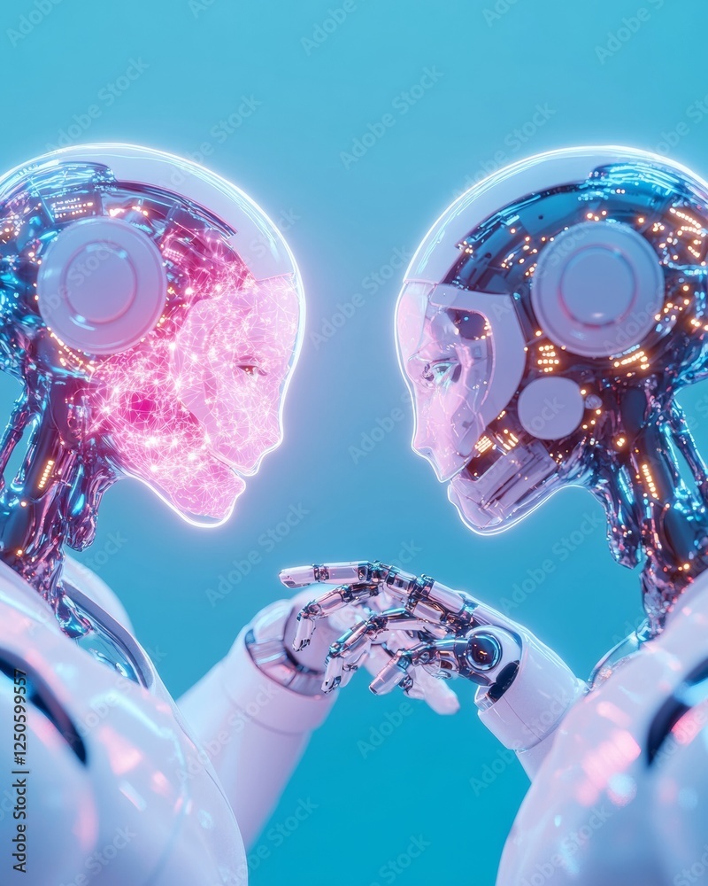 Aufkleber Futuristic Tech Collaboration Diverse Professional Pair with AI Robotics in Sleek Minimalist Office - Innovation and Space Exploration Content