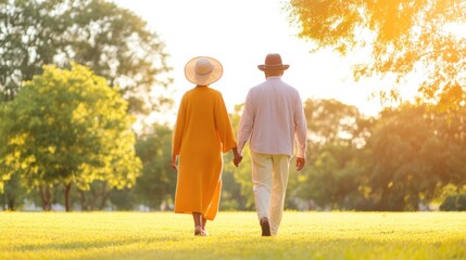Sustainable Senior Wellness Middle Eastern Woman and Black Man in Sunlit Park - Mindful Outdoor Lifestyle for Modern Health and Fitness Content Creation