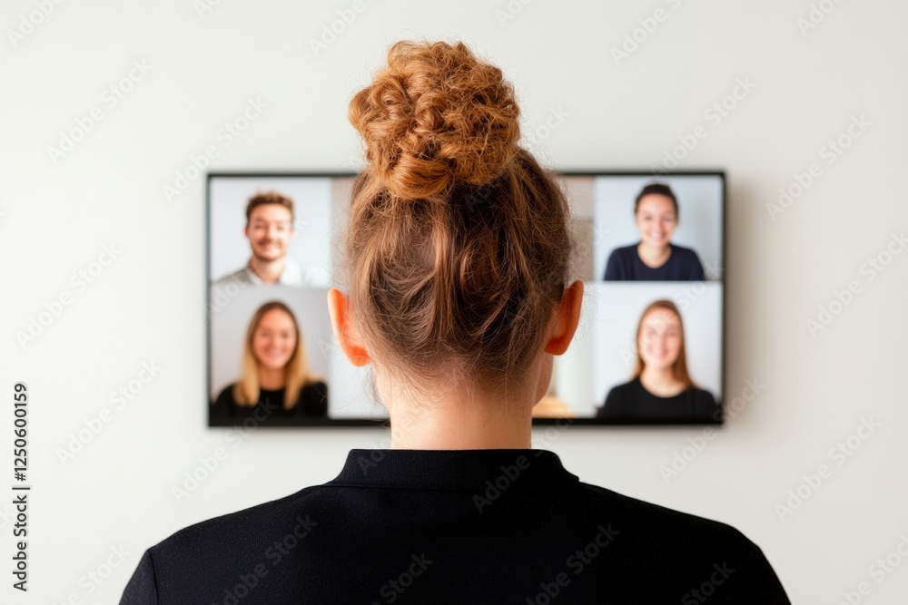 Poster Modern Inclusive Workspaces Virtual Meeting on LED Screen with Diverse Teams in Bright Office - Enhancing Collaboration and DEI in Corporate Culture