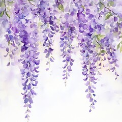 Beautiful watercolor wisteria blooms cascading down in soft shades of purple.
