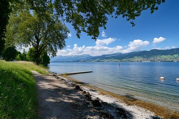 Lakeside path, summer sun, mountain view, calm water, relaxation