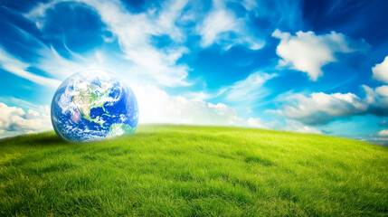 Fresh Earth Globe Resting on a Bright Green Field Under a Clear Blue Sky, Symbolizing Environmental Sustainability, Nature Conservation, and a Green Future