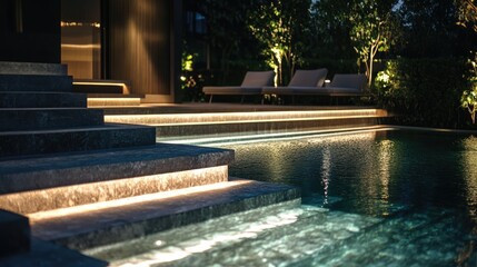 Luxurious modern villa at night featuring a serene swimming pool and elegant outdoor relaxation space illuminated by soft lighting.