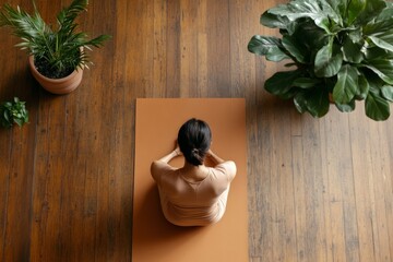 Scandinavian Serenity Woman in Lotus Position on Earth-Toned Yoga Mat, Wooden Floor and Indoor Plants - Mindful Wellness Content and Modern Lifestyle Promotion