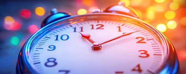 Close-up alarm clock; lights bokeh background; midnight; New Year's Eve