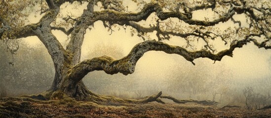 Majestic leafless tree draped in moss set against a misty landscape evoking a sense of stillness and natural beauty.