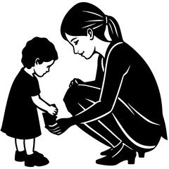 Mother helping child put on shoes silhouette vector illustration 