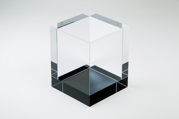 A transparent glass cube with a black base, clean and minimalist.