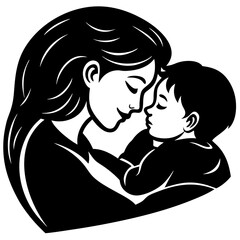  Mother kissing child's forehead before bedtime silhouette vector illustration 