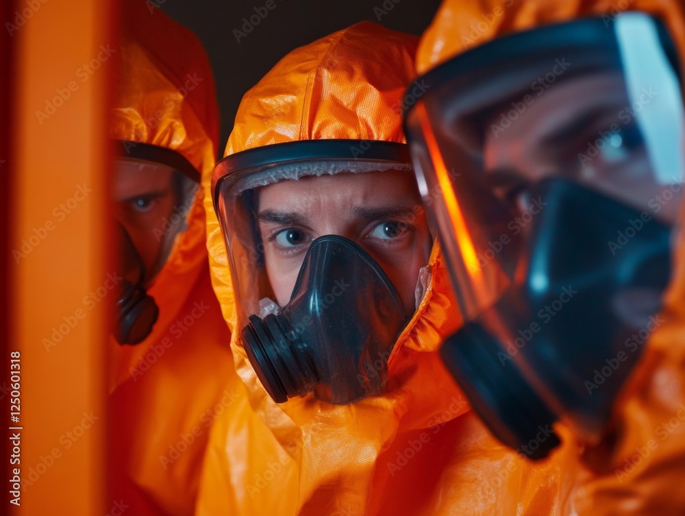 Aufkleber cutting-edge industrial safety diverse engineers in hi-tech protective gear analyzing equipment; adv