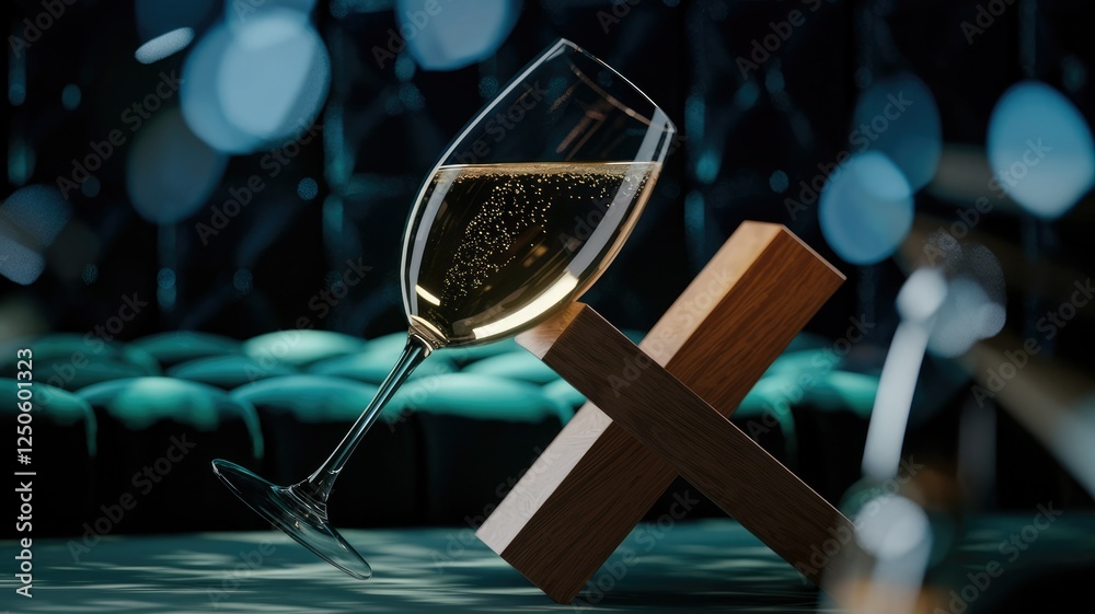 Poster a glass of sparkling champagne rests on a wooden cross, creating a sophisticated and elegant image.
