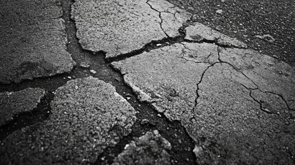 Cracked pavement surface showing signs of deconstruction and restoration with old wall scratches in monochrome texture