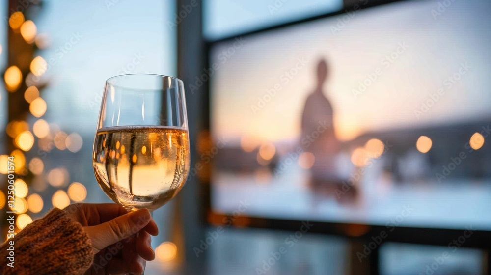 Poster contemporary hybrid event glass toast with virtual colleagues on large screen in stylish office - en
