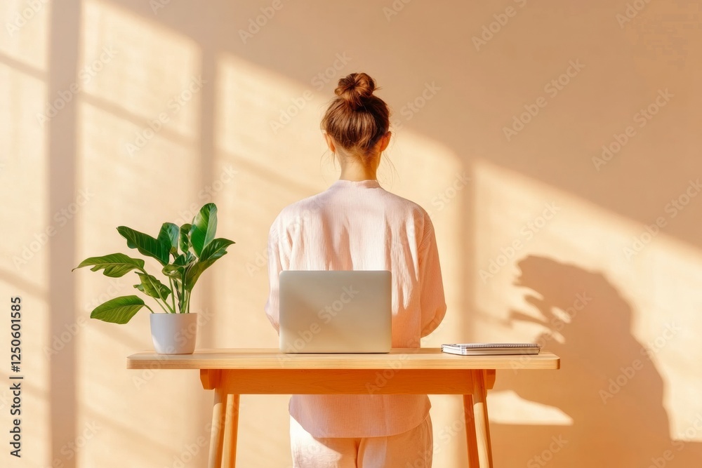 Poster modern minimalist workspace young professional in bright, decluttered room with wooden desk and tech