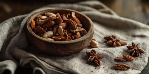 Obraz premium A wooden bowl filled with spiced herbal nut mix placed on a rustic table, perfect for healthy snacking.