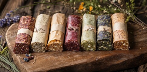 Assorted handcrafted herbal energy bars, beautifully wrapped in eco-friendly packaging for a sustainable snack choice.