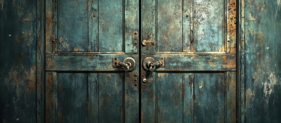 Fototapeta premium Weathered painted metal door with intricate locks, showcasing a rustic texture and aged patina perfect for artistic backgrounds.