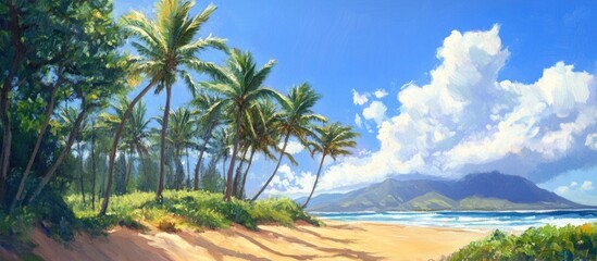 tropical beach scene with palm trees under a bright blue sky and fluffy clouds on a sunny summer day