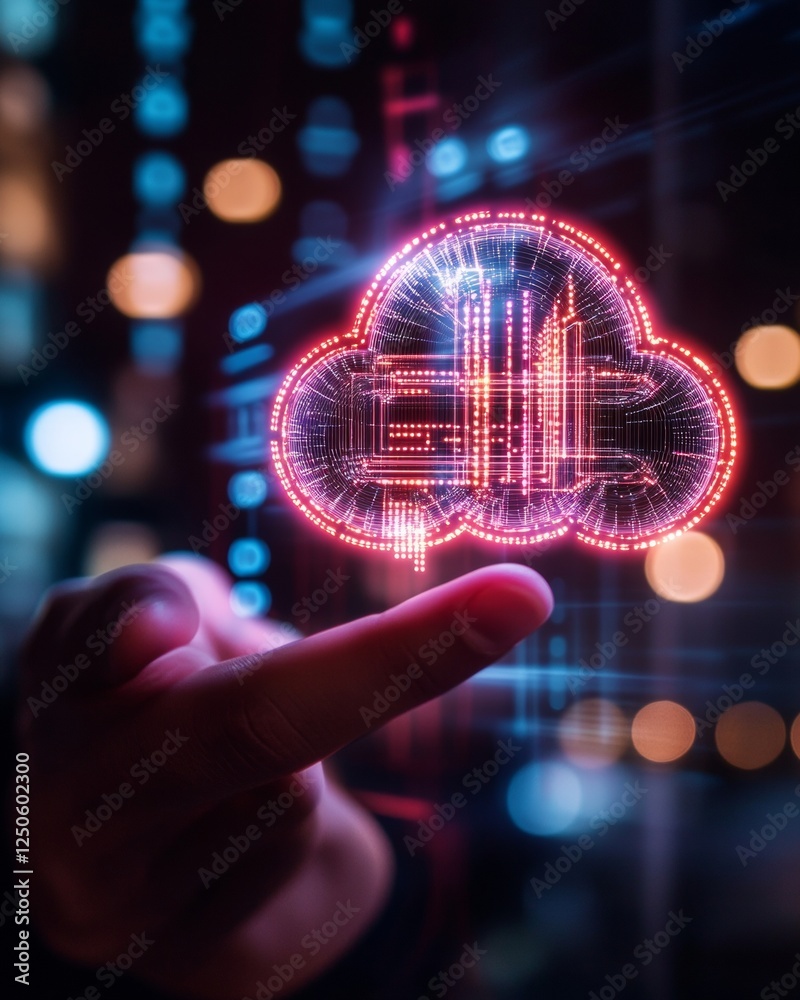 Aufkleber Futuristic Tech Interface Neon Cloud Visualization with Digital Network Icons on Holographic Backdrop - Innovative IT Solutions and Cloud Computing for Modern Businesses