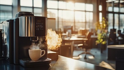 Automatic Coffee Machine Brewing Fresh Coffee in Modern Office at Sunrise