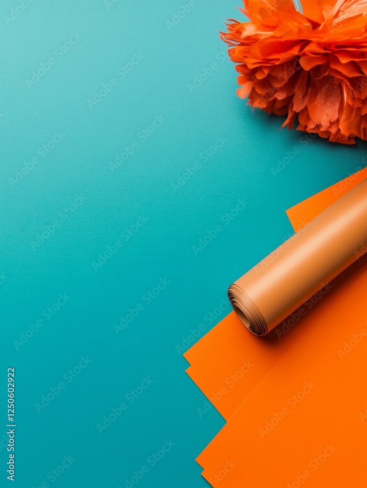 Poster vibrant workspace inspiration bold orange and turquoise craft materials - dynamic art studio content