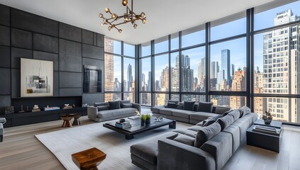 Modern penthouse living room NYC cityscape view