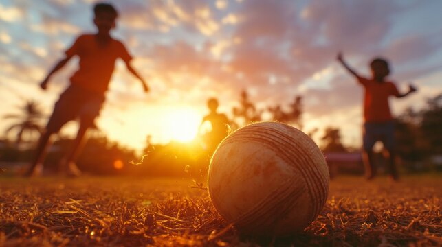 Sunset Cricket Delight Indian Family Bonding Over Backyard Game with Kids and Tennis Ball - Vibrant Outdoor Activity Content for Family-Centric Marketing and Events