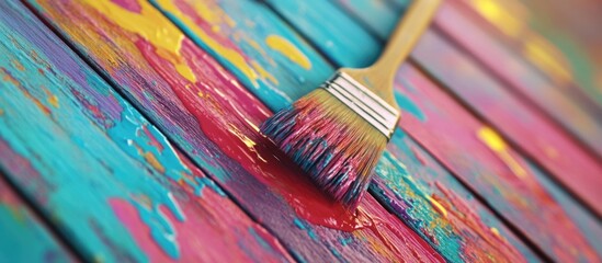 Fototapeta premium Vibrant paintbrush resting on newly painted colorful wooden planks with splashes showcasing creativity and artistic expression