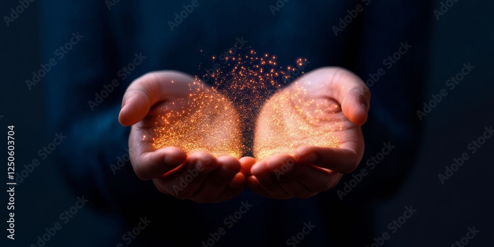Aufkleber Cybersecurity Visualization Hands Cradling Virtual Shield with Sparkling Digital Encryption - Futuristic Data Defense Content for Tech Innovation and Secure Digital Marketing
