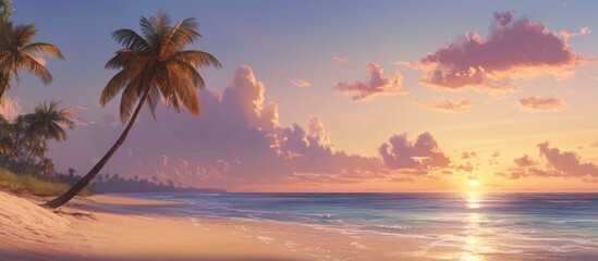 Tropical beach sunset with palm trees and serene ocean waves creating a tranquil coastal paradise atmosphere