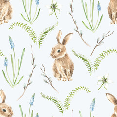 Easter seamless pattern with rabbit, muscari, hellebore flowers, willow branches on blue background. Hand-drawn with watercolor. For textile design, wrapping paper, fabric 