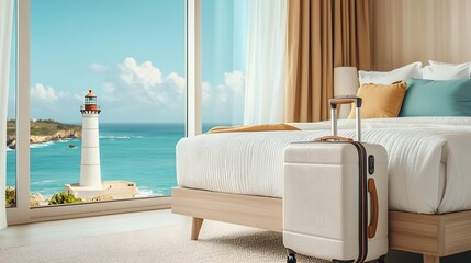Luxurious oceanfront resort room with panoramic window offering breathtaking view of a picturesque lighthouse and tranquil tropical beach  Ideal for a serene and rejuvenating vacation getaway