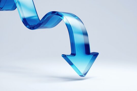 A 3D rendered blue glass arrow curving downwards, symbolizing decline or decrease.