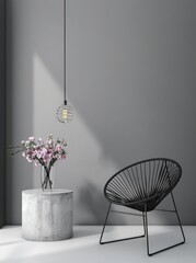 Minimalist living room interior with a black chair. concrete side table and pink flowers