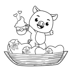 Valentine Day Coloring Page with cute pig