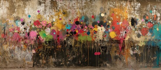 Colorful abstract paint splashes and drops on a weathered wall with peeling paint creating a dynamic artistic background.