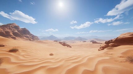 Fototapeta premium Sunny desert landscape, vast dunes, rocky mountains, clear sky, travel background