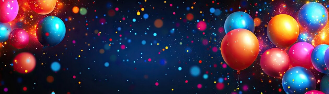 Colorful balloons float, confetti falls, dark background; celebration banner