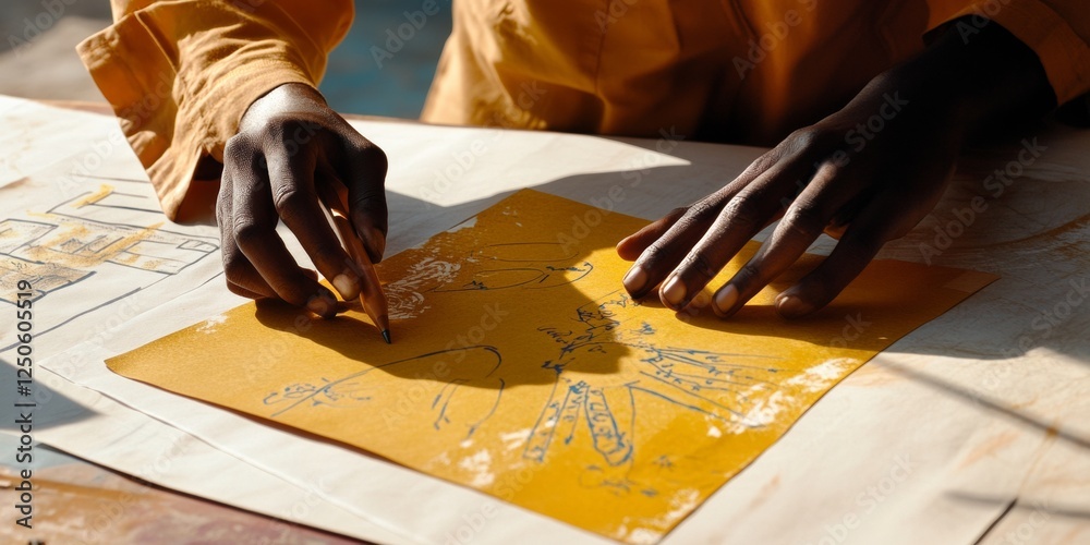 Aufkleber Modern Collaborative Design Vibrant Yellow Sketches and Hands-on Strategy on Textured Documents - Inspiring Creative Workspaces and Dynamic Project Development