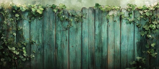 Emerald green vintage wooden fence adorned with ivy showcasing rustic charm and natural aging textures.
